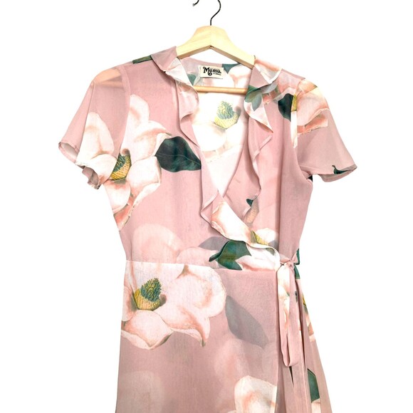 SHOW ME YOUR MUMU Floral Winnie Wrap Dress XS Pink Ruffle Flutter Sleeves Mini - Picture 5 of 12
